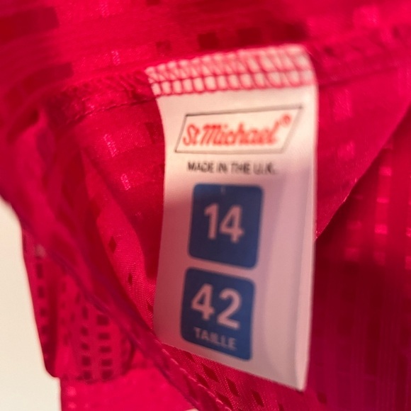 Vintage 80s Hot Pink Barbiecore Bow Tie Blouse St Michael UK Puff Shoulder Sz 14 - Picture 8 of 9